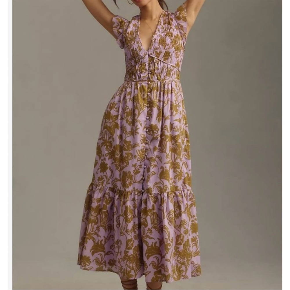 Anthropologie Peregrine Midi Dress in Lavender and Olive Sz M